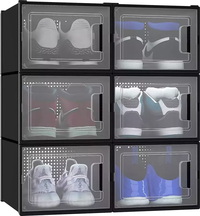Schoenendozen set van 6 schoenendoos stapelbaar stabiel opbergdozen voor schoenen met transparante deur en ventilatiegaten voor schoenen tot stapelbare schoenendoos zwart