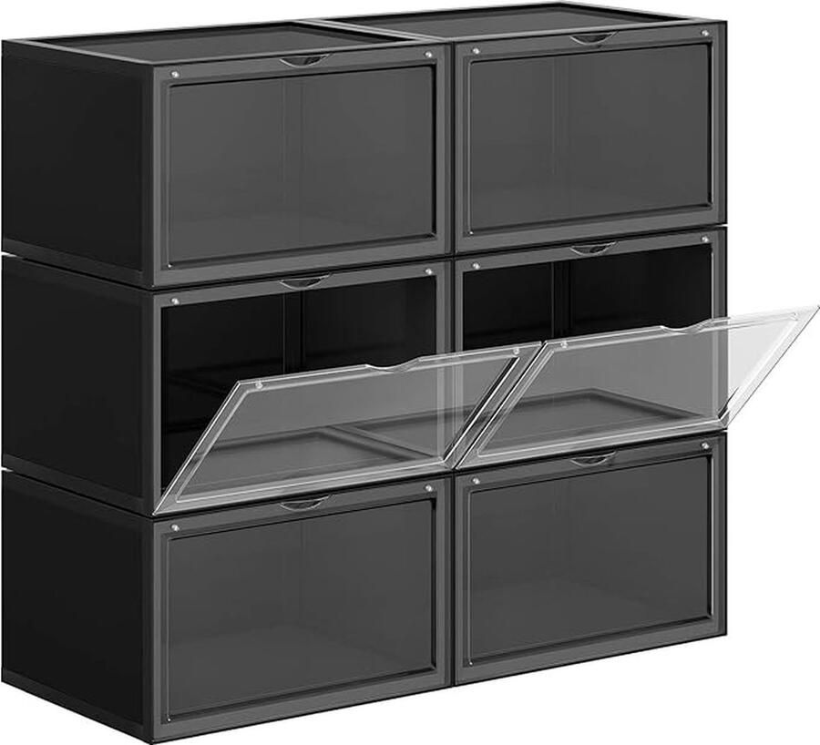 Schoenendozen set van 6 stapelbare schoenorganisatoren plastic dozen met transparante deur schoenopslag voor schoenen tot grootte 46 36 x 28 x 22 cm zwarte