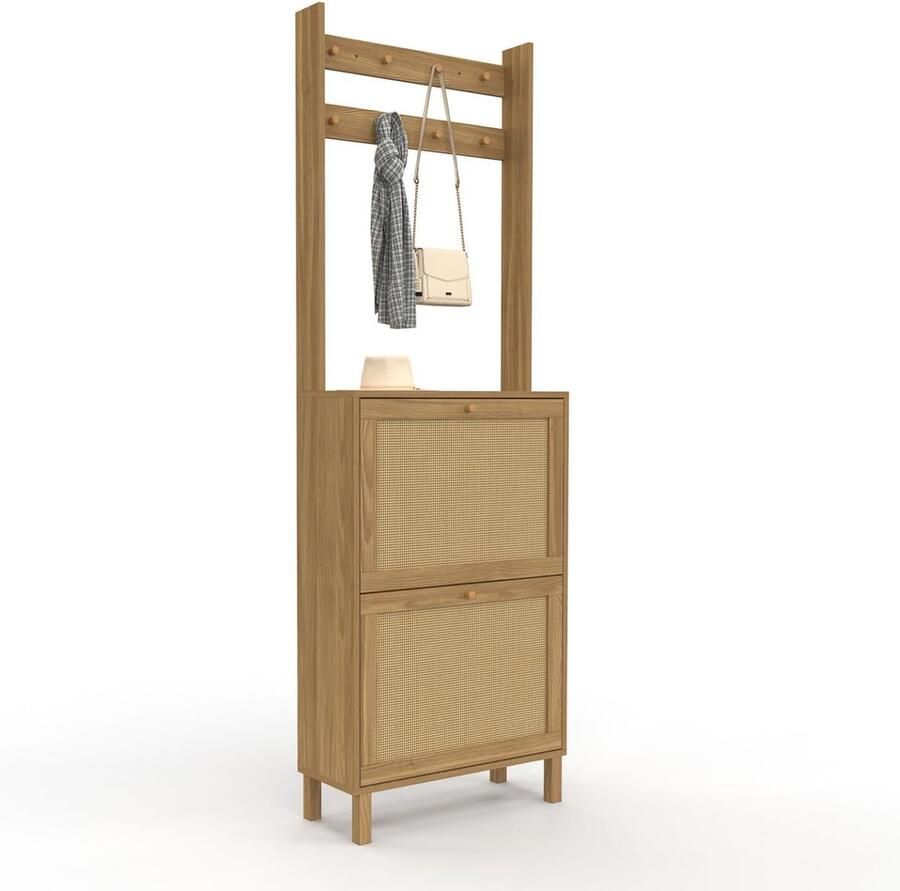 Schoenenkast 2 Deuren – Natuurlijk Hout Effect met Rieten Details Stijlvol en Functioneel Opbergmeubel voor Hal of Woonkamer