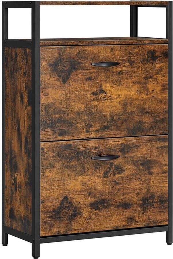 Schoenenkast 2 Kleppen Schoenenkast Schoenenrek Schoenenkast Met Deurtjes Schoenenopbergkast Spaanplaat Staal Vintage Bruin-Zwart 60 x 30 x 95 cm