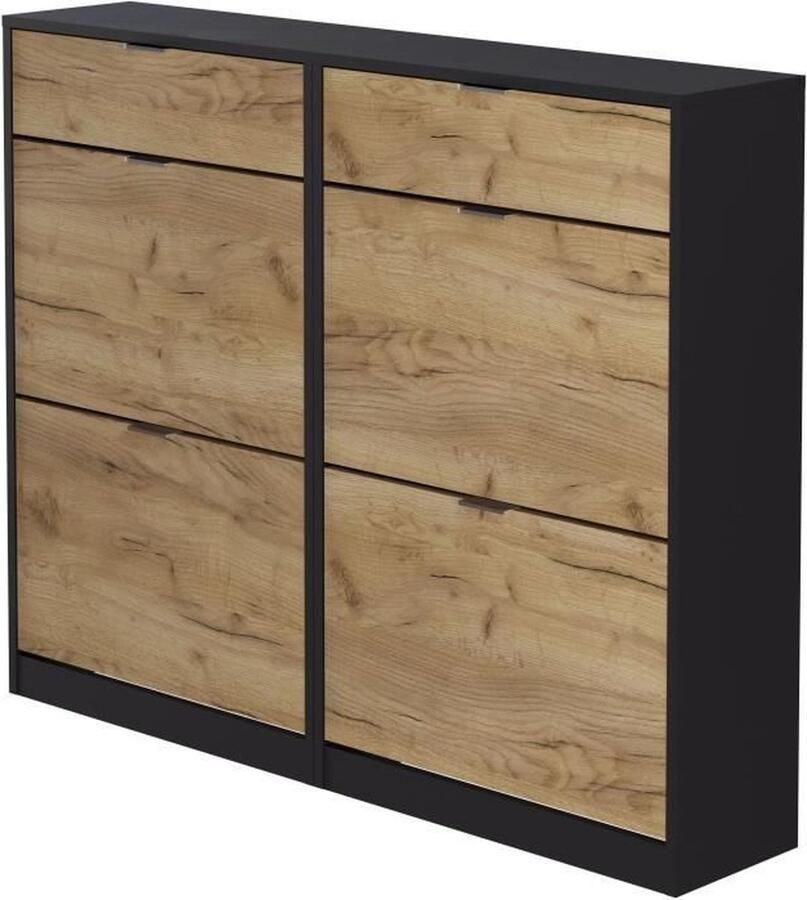 Merkloos Schoenenkast 4 Deurs 2 Laden Eiken en Zwart 124x25x99 Cm Leona