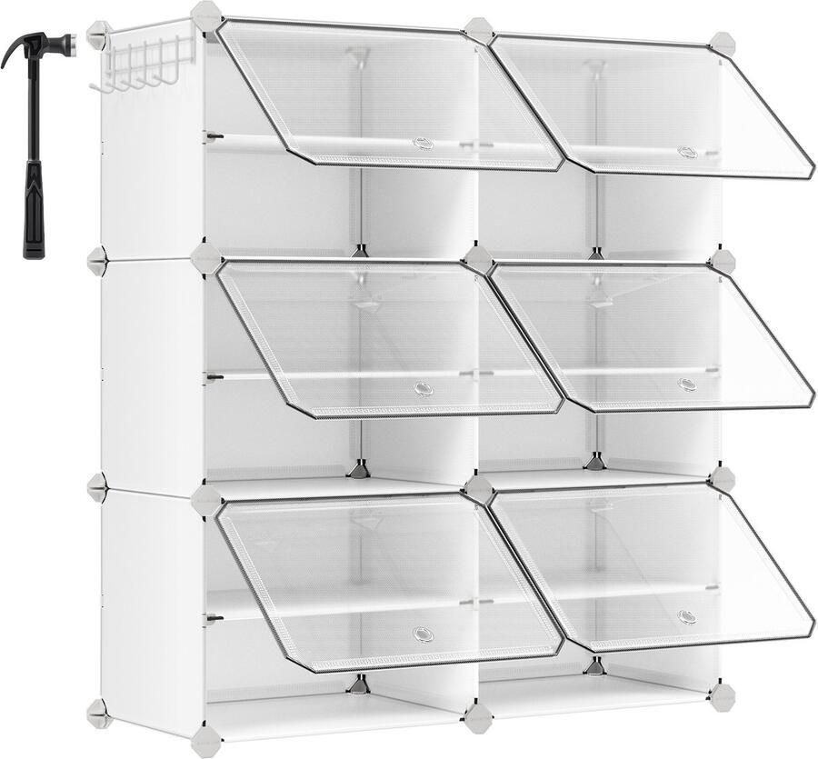 Schoenenkast 6-delig Opbergkast Opbergmodule modulair ontwerp stapelbaar of afzonderlijk te gebruiken met transparant deksel voor eenvoudig overzicht van de inhoud geschikt voor hal en slaapkamer 30 x 40 x 30 cm wit