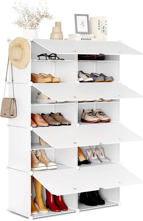 Schoenenkast – 8 Vakken – Modulair Schoenenrek – Ruimtebesparend – Wit – PP ABS Metaal – Voor Hal Woonkamer Slaapkamer – 35x45 cm Deuren – Flexibel en Waterafstotend