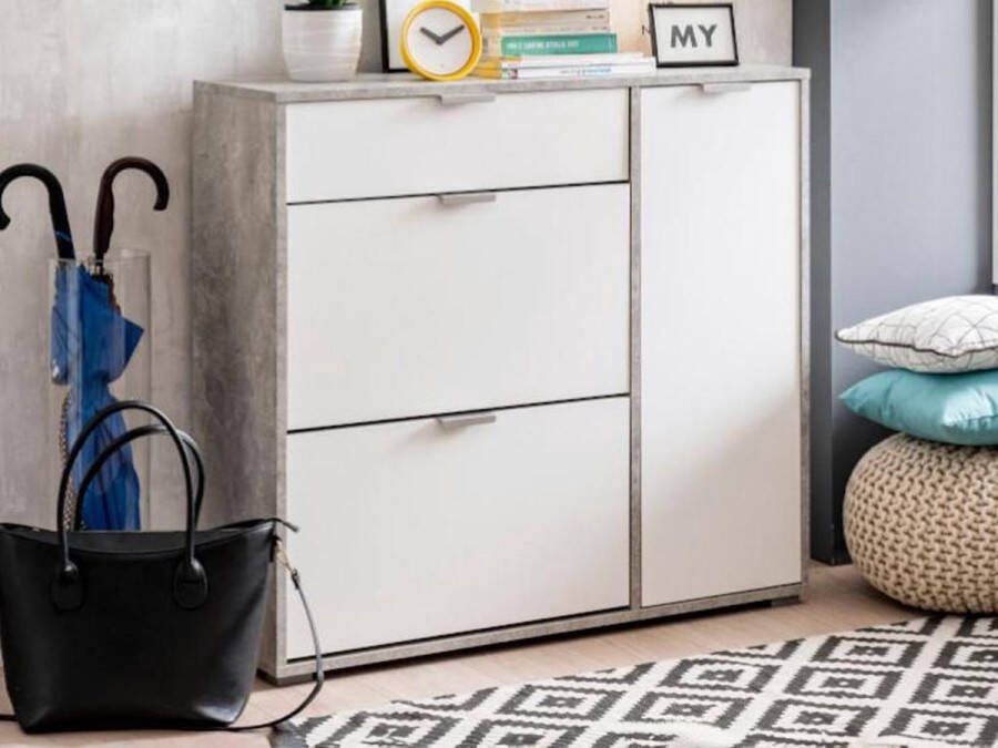 Vente-unique Schoenenkast ARIETTA 2 vlakken 1 deur en 1 lade wit & beton L 102 cm x H 95 cm x D 33 cm - Foto 3