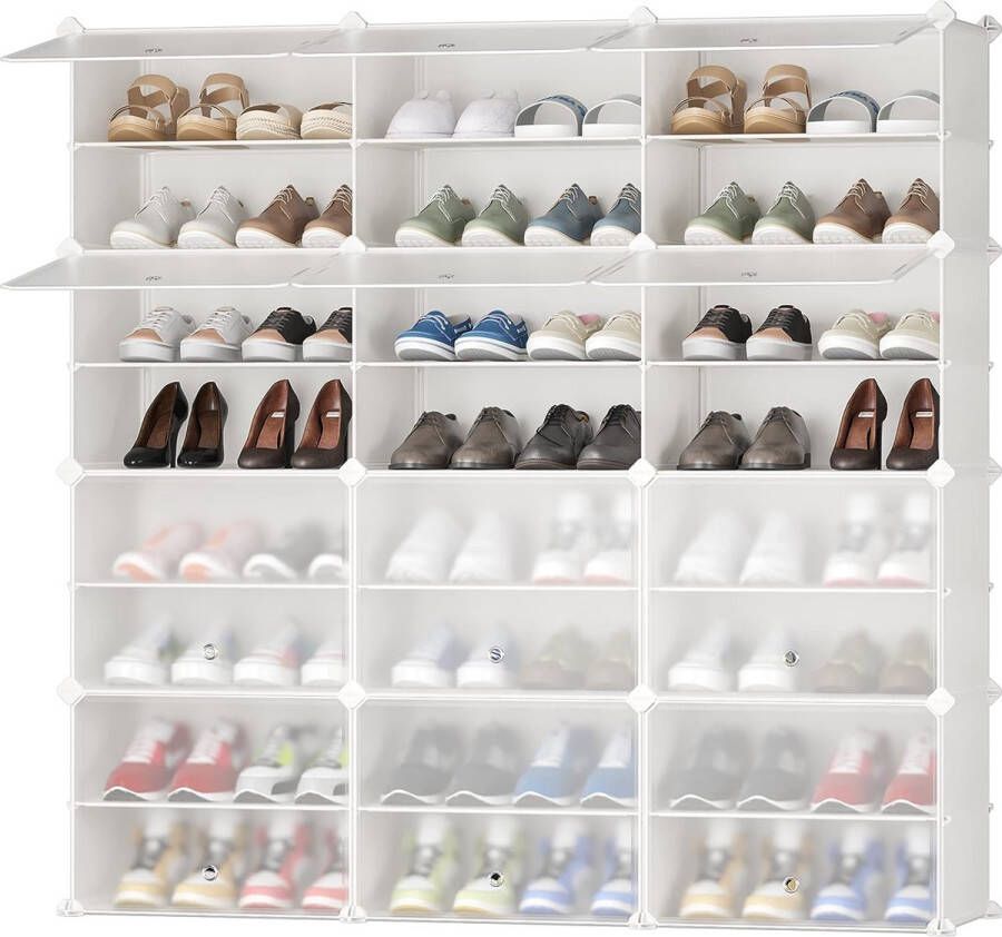 Schoenenkast doe-het-zelf schoenenrek kunststof kastorganizer voor kast modulaire schoenenstandaard met deur schoenenboxen stapelbaar voor hal slaapkamer ingang wit met transparante deuren (2 x 4)