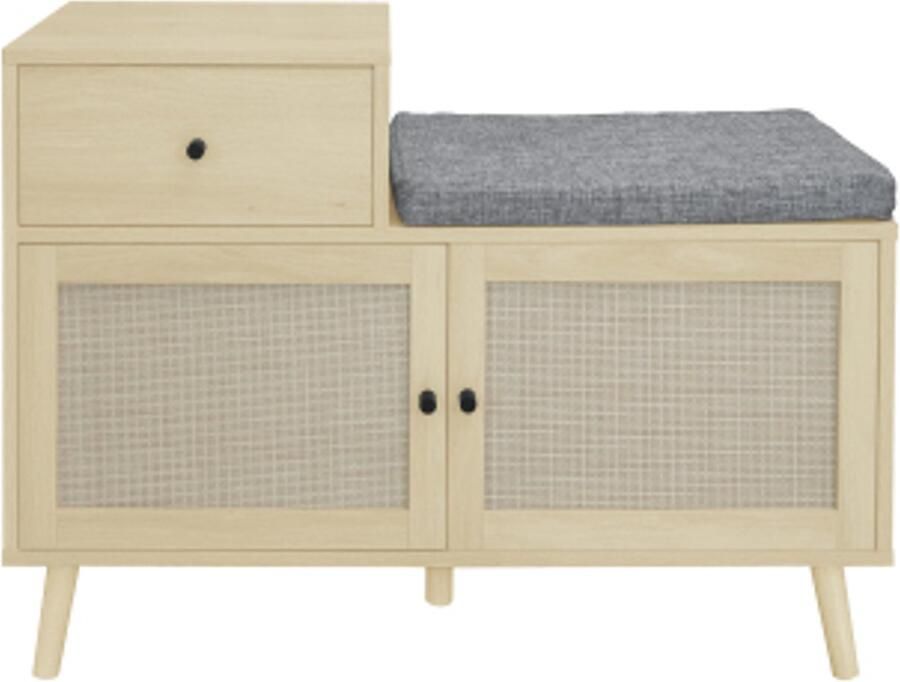 Schoenenkast en schoenenbank in natuurlijke houtlook – met dubbele deuren van rotanvlochten materiaal lade en gestoffeerde zitting – voor gangen entrees of corridors. Afmetingen (90*35*65cm)