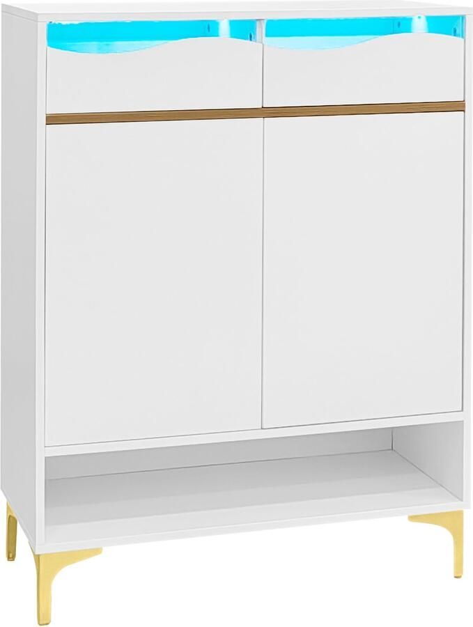 Schoenenkast Halmeubel met veranderbare LED-verlichting 2 lades en een plank hoge kastpoten 80×35×105 cm wit