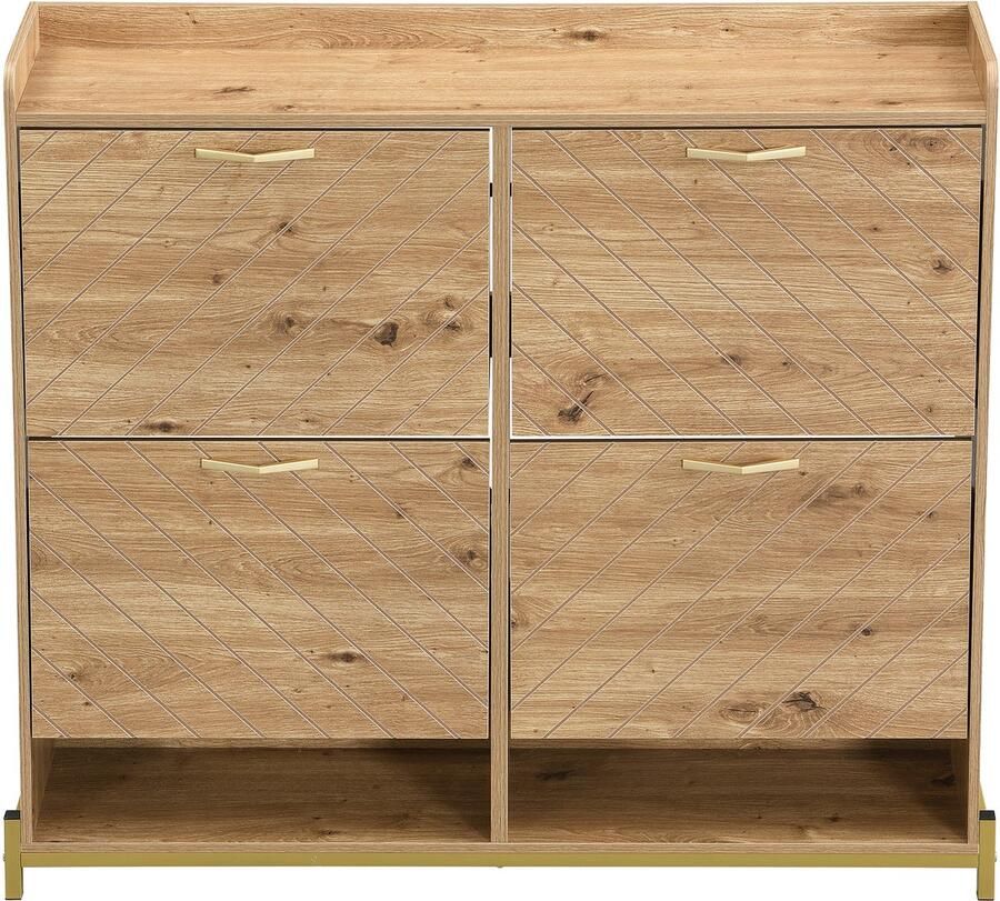 Schoenenkast Ingangskast met 4 draaideuren en 2 open vakken verhoogde rand aan de bovenkant geschikt voor de entree hal of gang 108 5 x 24 x 100 cm Houtkleur