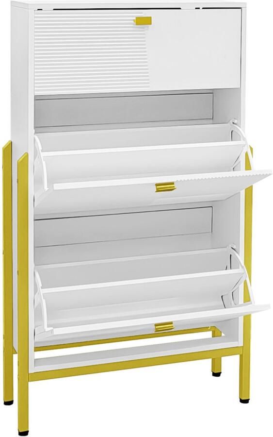 Schoenenkast ingangskast opbergkast met 1 laad en 2 klapbare dubbele compartimenten ontwerp met hoge kastpoten gouden handgrepen en potdecoraties 65 x 25 x 120 5 cm wit