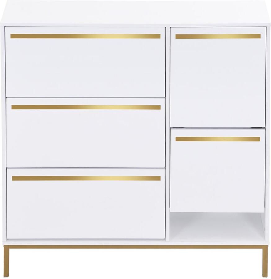 Schoenenkast ingangskast opbergkast met 4 klapdeuren 1 open compartiment en een vouwbare schoenwisselbank geschikt voor gang en slaapkamer 105 x 115 5 x 25 cm wit