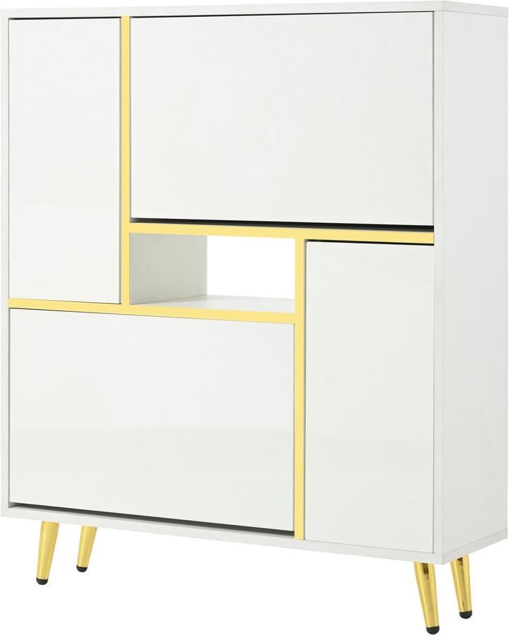 Schoenenkast inkomkast opbergkast met 16-kleurige veranderlijke LED-verlichting 2 dubbele laag opbergcompartimenten en 2 dubbele laag omklapcompartimenten modern ontwerp met gouden decoraties 80 x 25 x 96 cm wit