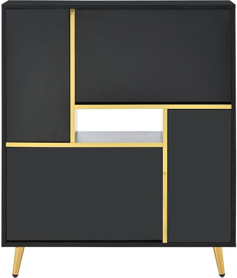 Schoenenkast inkomkast opbergkast met 16-kleurige veranderlijke LED-verlichting 2 dubbele laag opbergcompartimenten en 2 dubbele laag omklapcompartimenten modern ontwerp met gouden decoraties 80 x 25 x 96 cm zwart