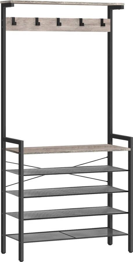 Schoenenkast kapstok met schoenkast industriële hal boom grote hal standaard 5 verwijderbare haken houten accent bovenste plank ingang opbergplank metalen frame greige-zwar
