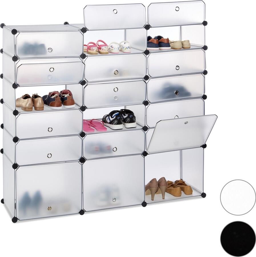 Relaxdays schoenenkast kunststof 18 vakken vakkenkast schoenenrek met deuren DIY doorzichtig