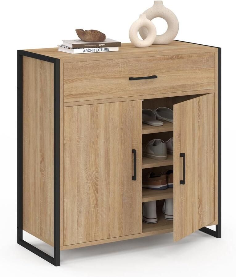 Schoenenkast met 2 deuren en 1 lade geschikt voor 12 paar schoenen industrieel design