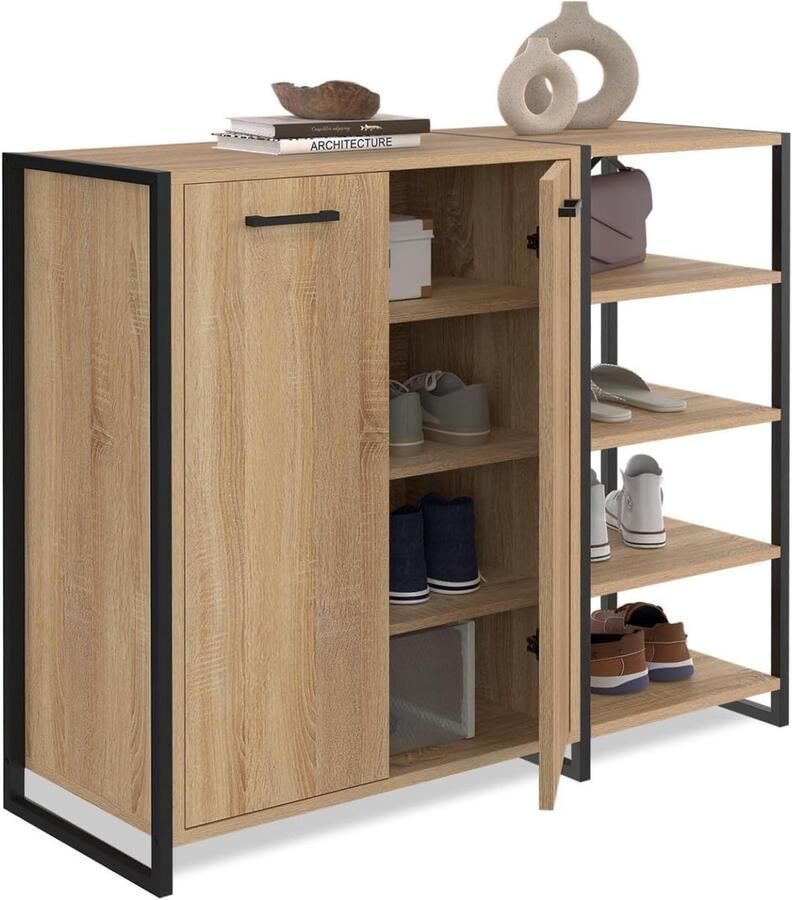 Schoenenkast met 2 deuren en 4 legplanken geschikt voor 12 paar schoenen industrieel design