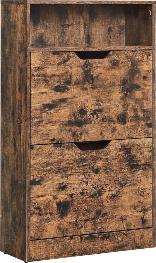 Schoenenkast met 2 kleppen en open vak Ruimtebesparende schoenenopberger met 3 niveaus rustiek bruin