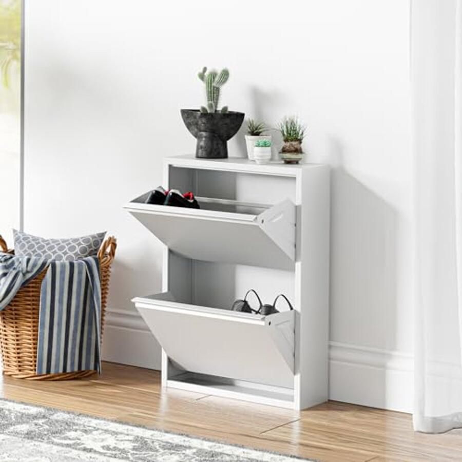 Schoenenkast met 2 Kleppen Metalen Opbergkast voor Schoenen in Wit 71x50x15 cm