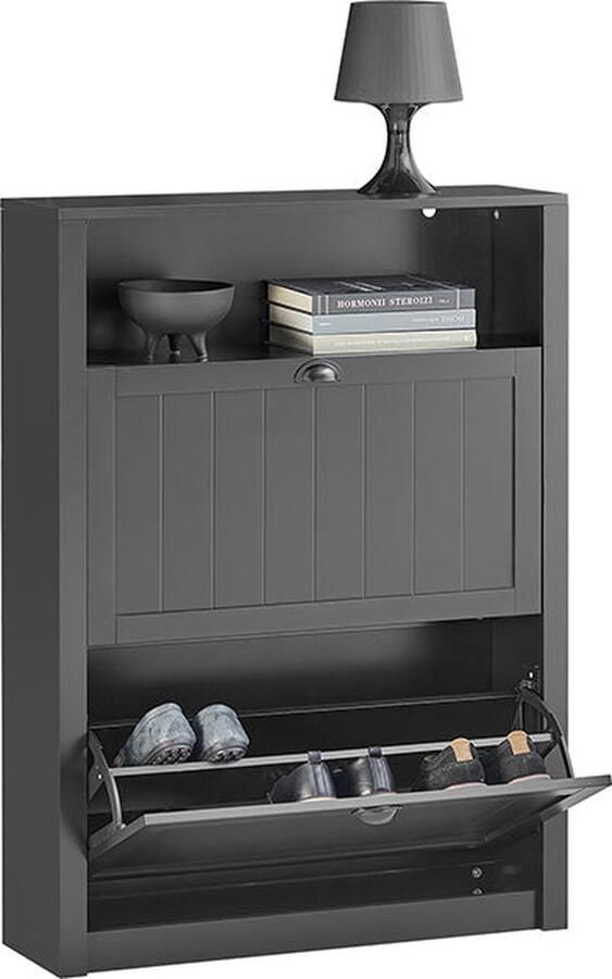 Rootz Living Rootz Schoenenkast met 2 kleppen Schoenenrek Schoenenkast Stevige MDF-constructie Extra opbergvak Wandmontage 80 cm x 110 cm x 24 cm Zwart