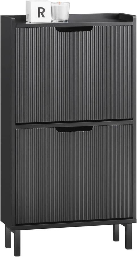 Schoenenkast met 2 Kleppen Smal Schoenenrek met 2 Legplanken Zwart 50x90x19 cm