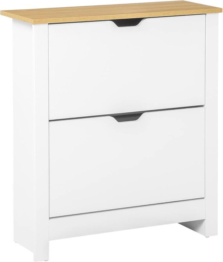 Schoenenkast met 2 Kleppen voor 12 Paar Schoenen Ruimtebesparend Schoenenrek voor Hal en Entree Wit en Natuurlijk Hout 72 x 26 x 80 cm
