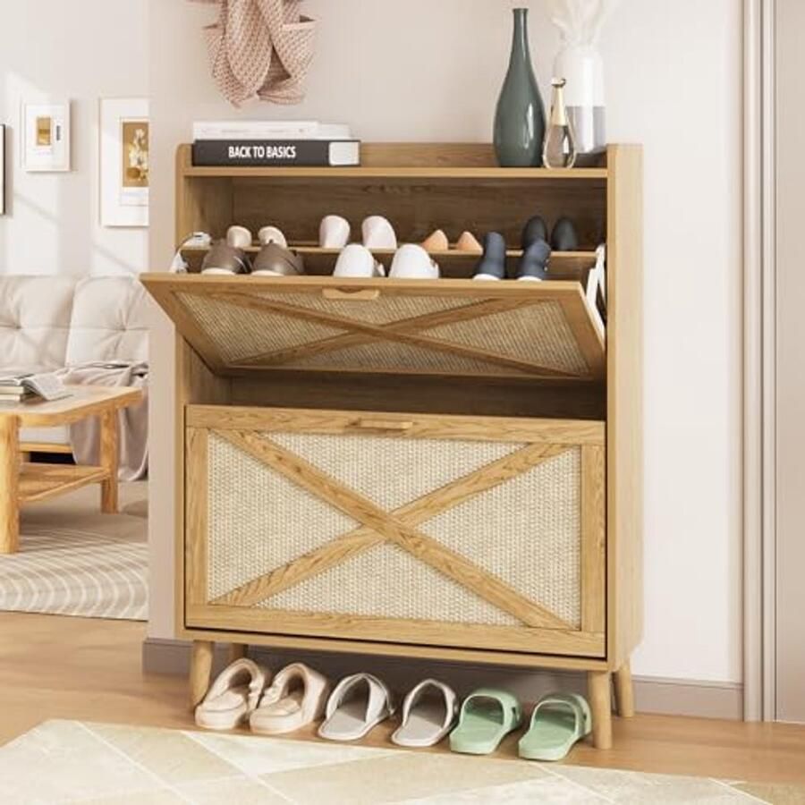 Schoenenkast met 2 opklapbare lades Vrijstaande schoenenorganiser met houten poten Smalle schoenenopbergkast voor de entree Geel