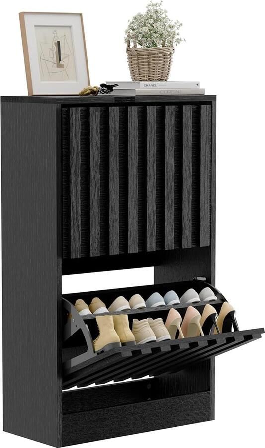 Schoenenkast met 2 smalle kleppen – Verstelbare scheidingswanden en kantelbeveiliging ideaal voor hal of woonkamer