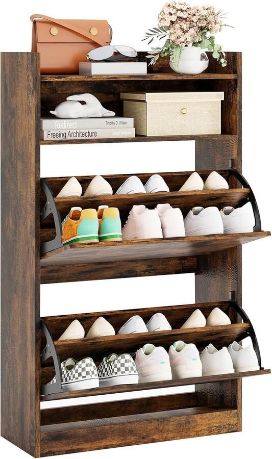 Schoenenkast met 2 Uitklapbare Lades – Slanke Verborgen Schoenenkast met Open Opbergruimte – Bruin Hout