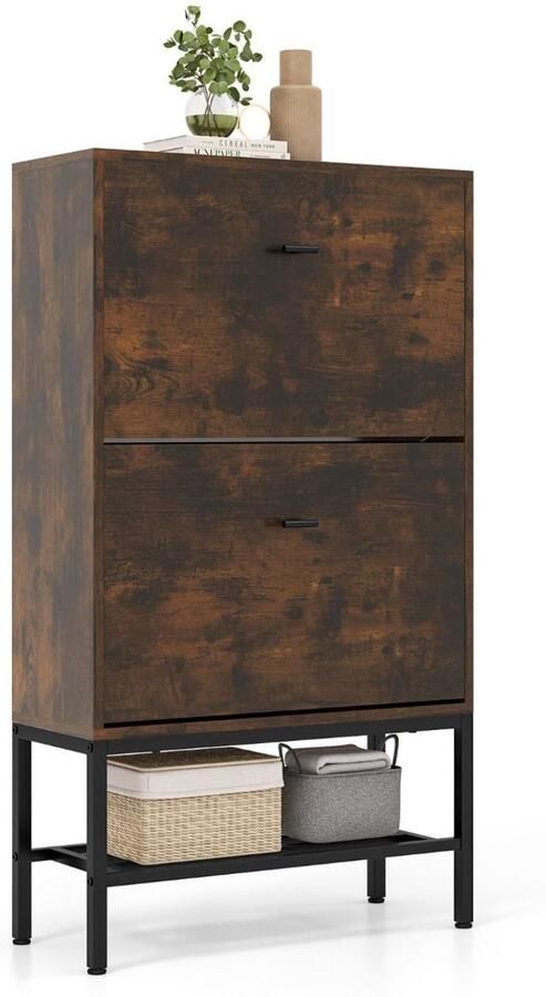 Schoenenkast met 2 Uitklapbare Lades – Verborgen Schoenenrek – Geschikt voor 15 Paar – Verstelbare Metalen Planken – Rustiek Bruin