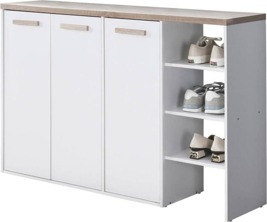 Schoenenkast met 3 deuren en 3 opbergvakken – Wit en houtlook – SKAIDO L 120 cm x H 80 cm x D 30 cm