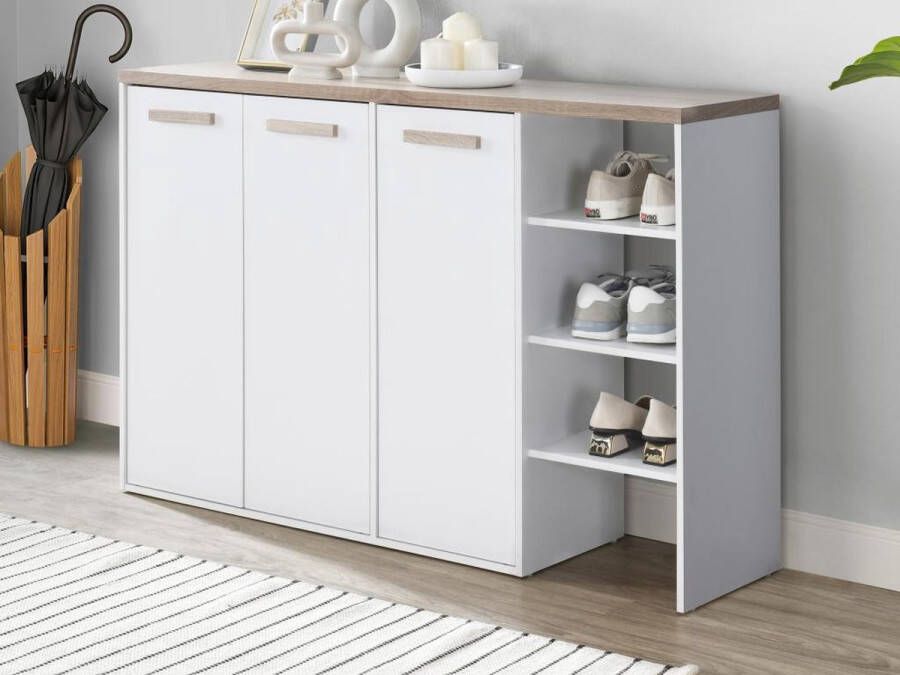Schoenenkast met 3 deuren en 3 opbergvakken – Wit en houtlook – SKAIDO L 120 cm x H 80 cm x D 30 cm