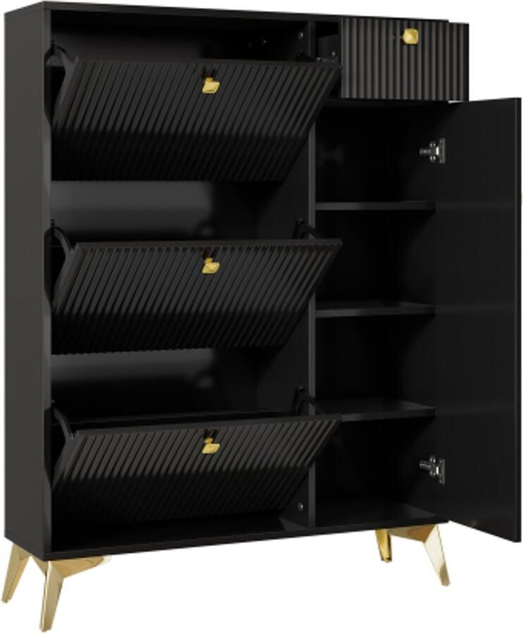 Schoenenkast met 3 kleppen 1 lade en 1 deur schoenenrek smal schoenenrek zwarte schoenenkast. Afmetingen: H 121 cm B 90 cm D 25 cm