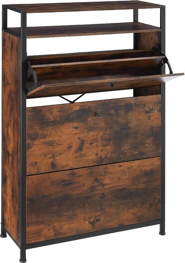 Schoenenkast met 3 Kleppen en Industrieel Design Zwart Metalen Frame en Extra Opbergruimte