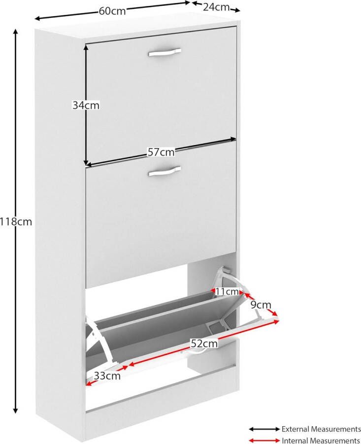 Schoenenkast met 3 laden kast voor het opbergen van schoenen organizer uittrekbaar houten meubelstuk wit