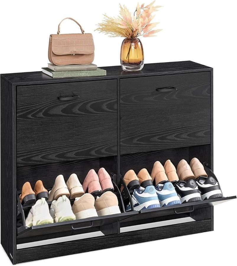 Schoenenkast met 4 deuren en verstelbare verdelers schoenen opbergruimte voor 16-28 paar hal of gang ebbenhoutzwart 24 x 105 5 x 82 7 cm