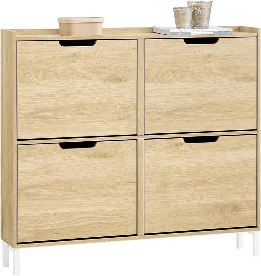 Schoenenkast met 4 Kantelende Vakken en 8 Legplanken Smal en Ruimtebesparend Schoenenrek voor de Hal