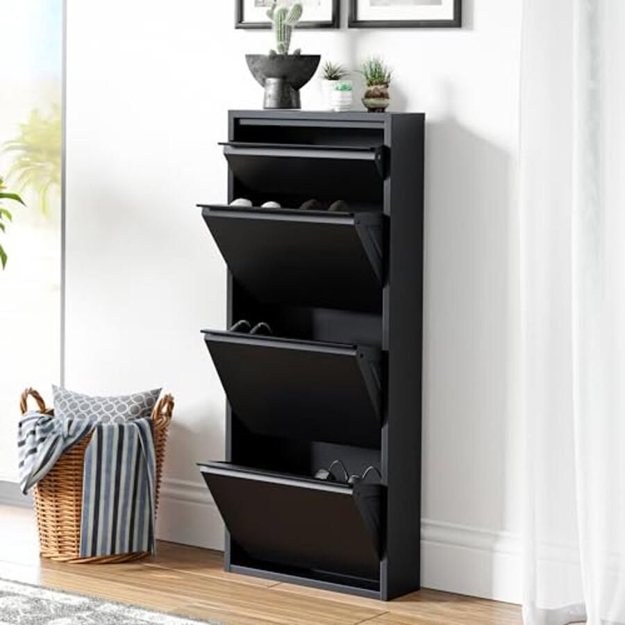 Schoenenkast met 4 Kleppen en Bovenblad Ruimte voor 6 Paar Schoenen Zwart en Metaal