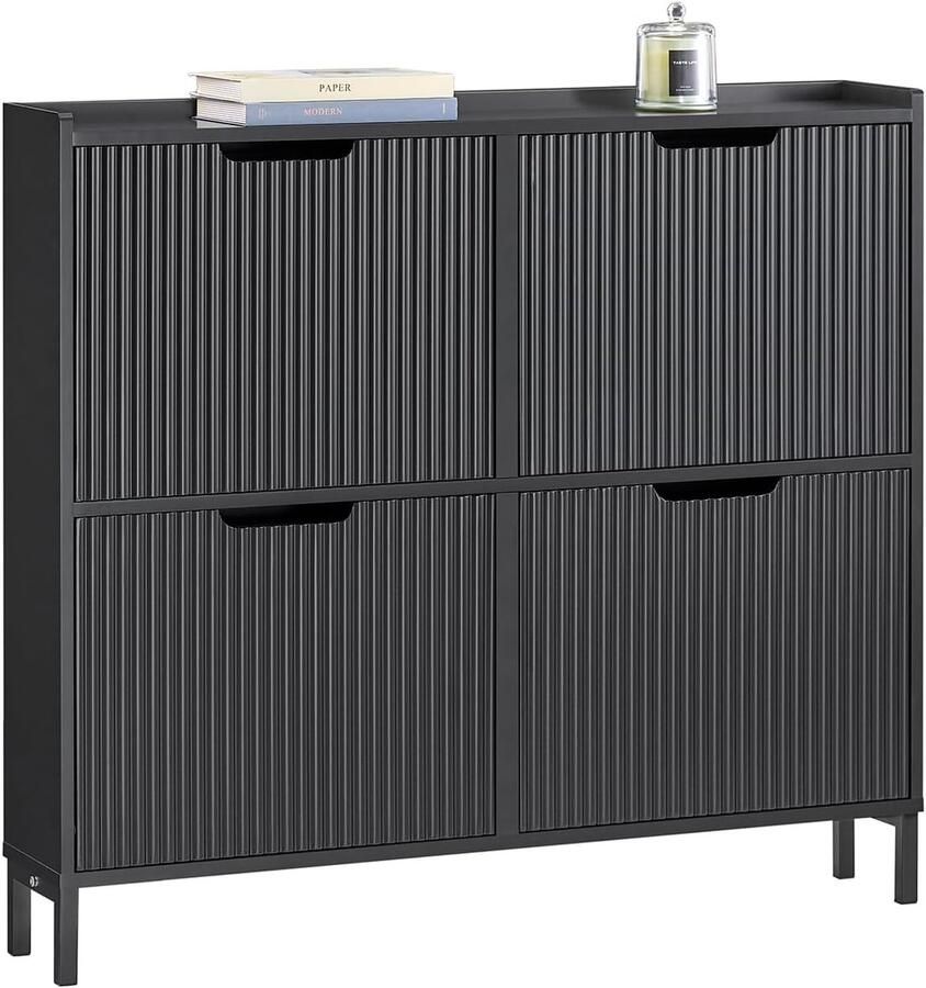 Schoenenkast met 4 Kleppen Ruimtebesparend en Modern Ontwerp voor Hal of Gang Stevige Planken Hoge Capaciteit Zwart 100x19x91cm