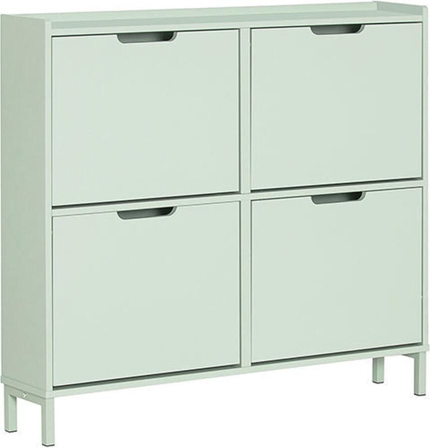 Rootz Living Rootz Schoenenkast met 4 kleppen Schoenenkantelaar Schoenenlade Ruimtebesparend ontwerp Stevige constructie met muurbevestiging Eenvoudige montage Groen MDF en metaal 100 cm x 90 cm x 19 cm