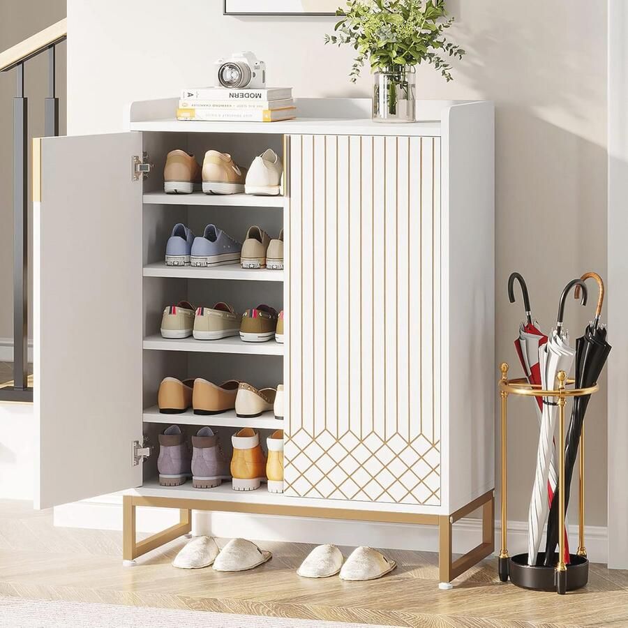Schoenenkast met 5 Lagen Houten Schoenopbergkast voor 25 Paar Schoenen Moderne Organizer voor Woonkamer en Entree Wit