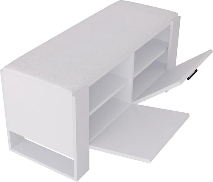 Schoenenkast met bank in modern design en robuuste kwaliteit. Voorzien van een gesloten schoenenrek en comfortabel zitkussen. Verkrijgbaar in 6 kleuren uitgevoerd in mat wit