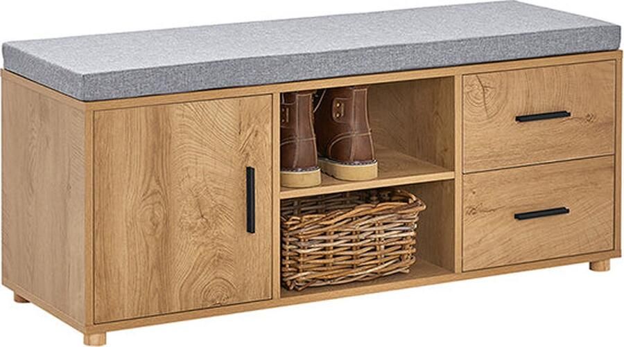 Rootz Living Rootz schoenenkast met bank schoenenorganizer schoenenopberger MDF en rubberhout extra stabiliteit met zes poten dubbele opbergladen afmetingen 110 cm x 47 cm x 35 cm