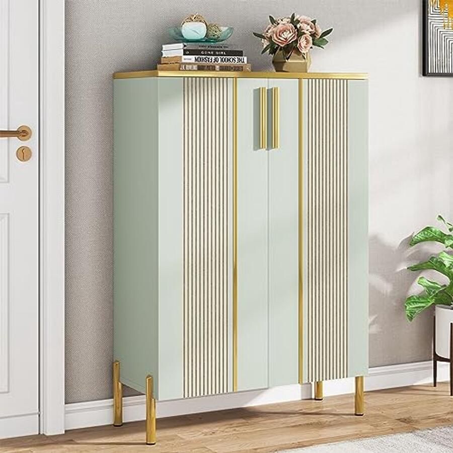 Schoenenkast met deuren 6-laags schoenenopbergkast met verstelbare planken Houten schoenenrek voor entree en woonkamer Lichtgroen