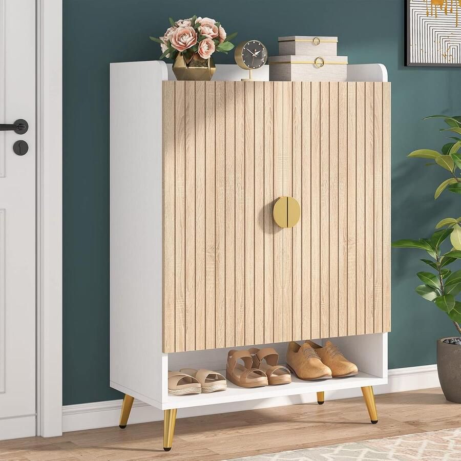Tribesigns Schoenenkast met Deuren – 7 Laags Schoenenrek met Verstelbare Planken – Vrijstaande Smalle Schoenenkast – 73x 37x 110cm – Houten Schoenenopberger voor Entree Woonkamer Hout en Goud