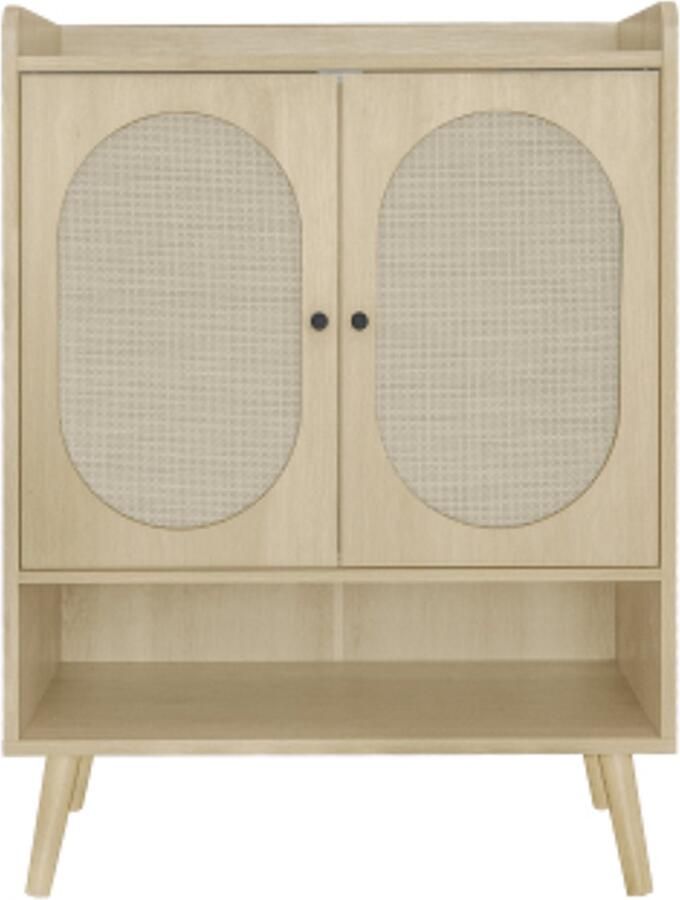 Schoenenkast met dubbele deuren in natuurlijke houtlook rotan vlechtwerkdesign – met opbergruimte en open tussenplank – voor hal entree of gang. Afmetingen: 68*35*90cm