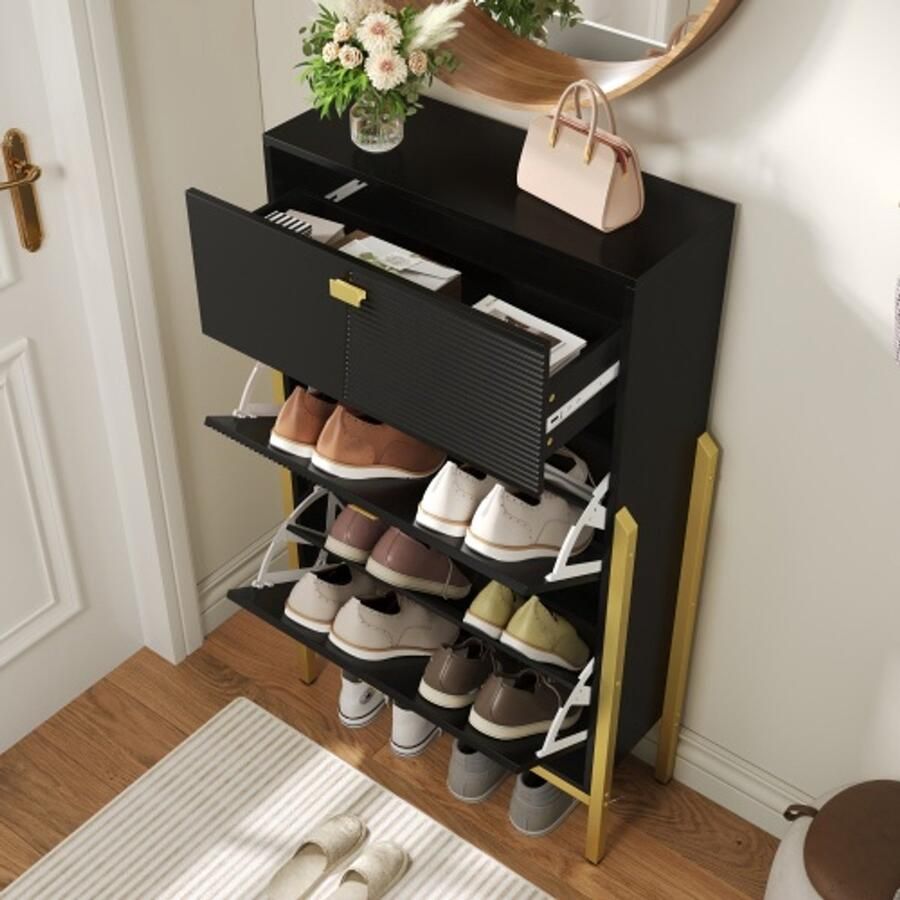 Steven schoenenkast met schubladen dubbele schoenenrek met gouden handvatten en poten