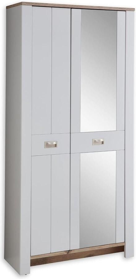 Schoenenkast met spiegel Dijon Garderobekast met spiegel asgrijs Viking Oak look houtmateriaal 98 x 201 x 38 cm Schoenenkast met spiegel