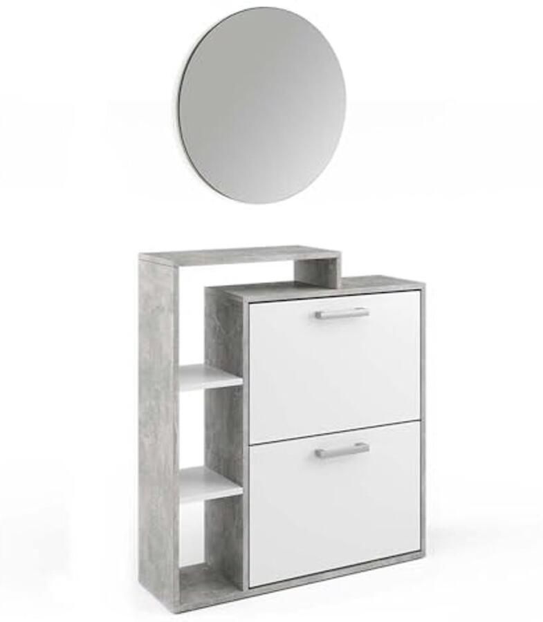Schoenenkast met Spiegel en 2 Deuren in Betonnen en Witte Afwerking