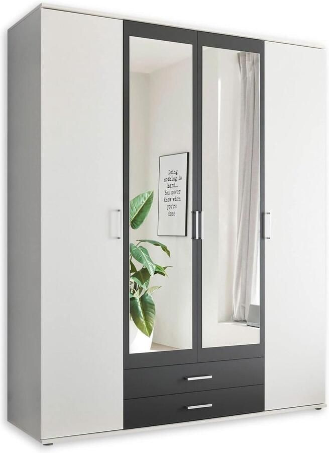 Schoenenkast met spiegel Hanau kledingkast met spiegeldeur wit grafiet draaideurkast 4 deurs 160 x 196 x 54 cm slaapkamer. Schoenenkast met spiegel