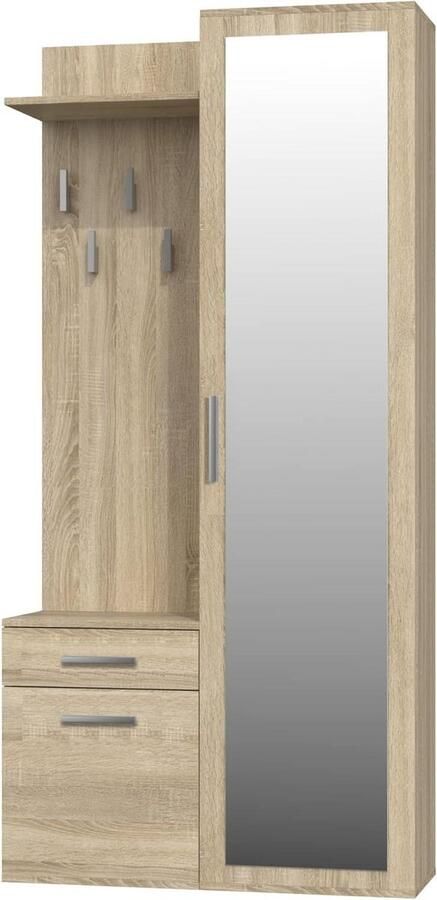 Schoenenkast met spiegel Ibiza Kapstok 100 x 180 cm Kledinghanger Gelaagde plaat Sonoma eiken Modern design Schoenenkast met spiegel